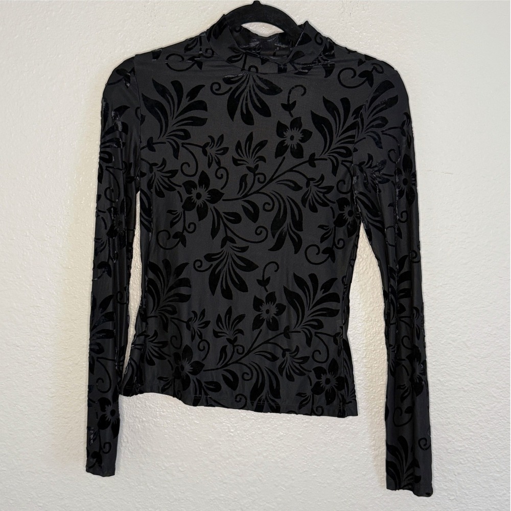 Whimsigoth Fairy Witchy Grunge Black Velvet Burnout Floral Mock Neck Top Medium